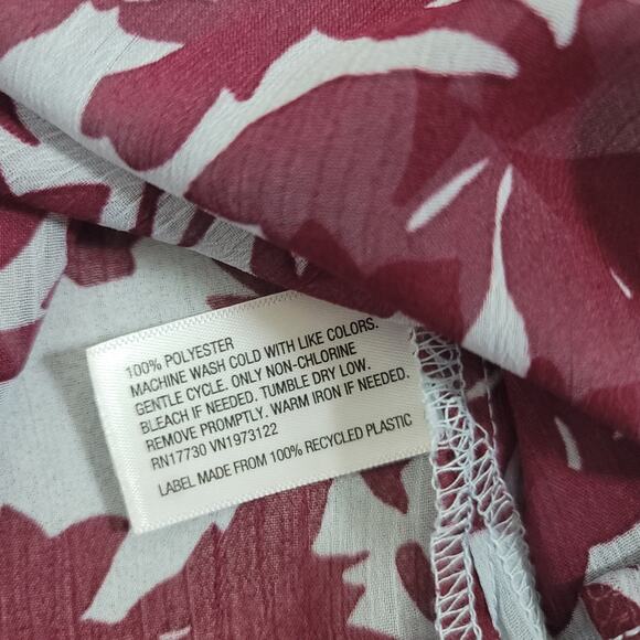 A New Day Blue Burgundy Sheer Floral Top XXL Band Collar Long Sleeves Soft - Picture 5 of 5